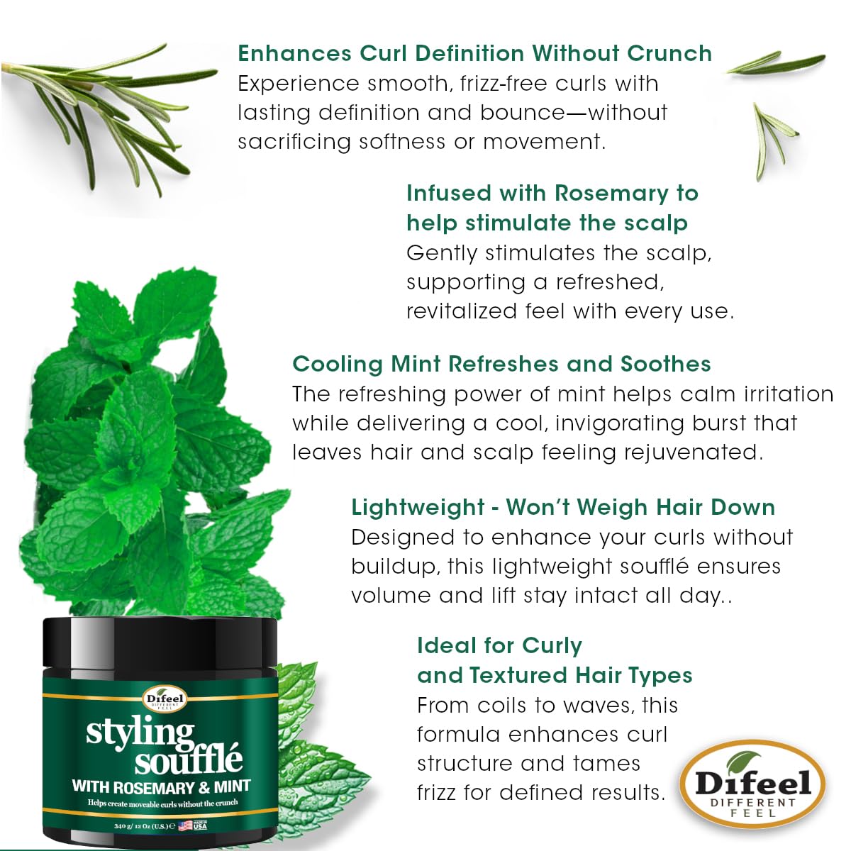 Difeel Rosemary & Mint Styling Soufflé 12 oz. - Nourishing Curl Defining Souffle for Wavy Hair, Curly Hair & Coils Beauty & Personal Care Difeel