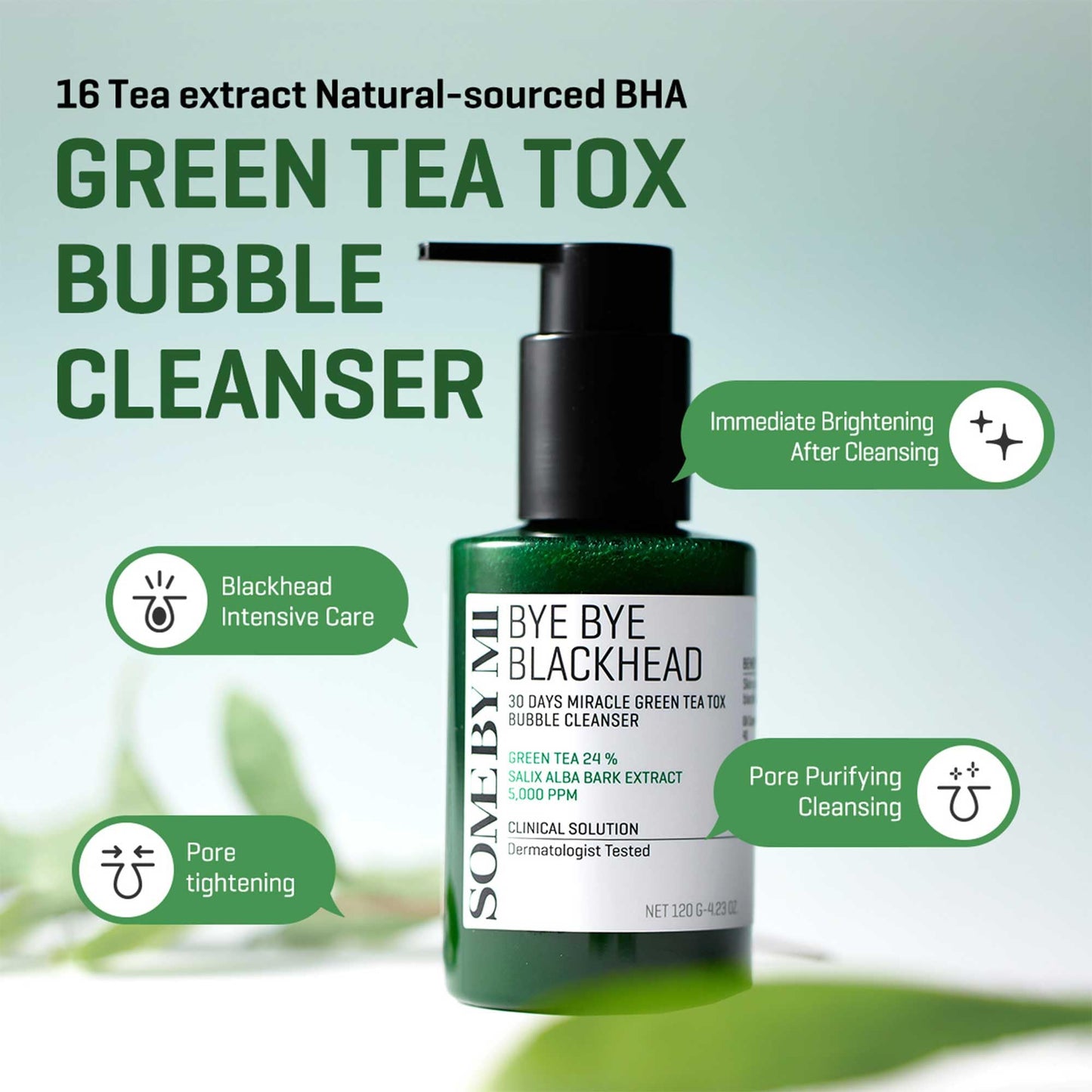 SOME BY MI Bye Bye Blackhead 30 Days Miracle Green Tea Tox Bubble Cleanser - 4.23oz, 120g - Korean Face Wash & Bubble Face Mask - Daily Beauty & Personal Care SOME BY MI
