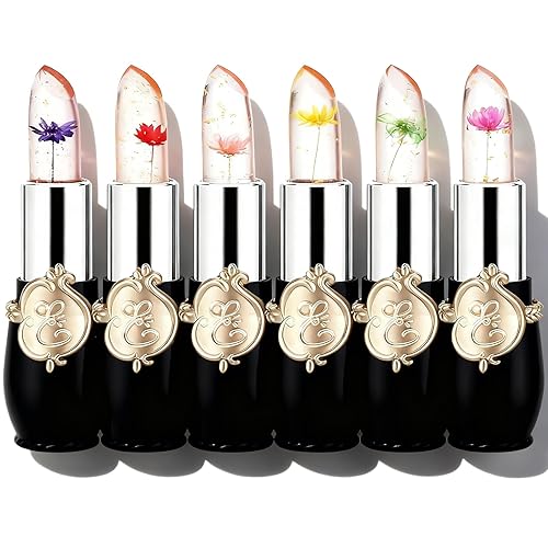 firstfly Pack of 6 Crystal Flower Jelly Lipstick, Long Lasting Nutritious Lip Balm Lips Moisturizer Magic Temperature Color Change Lip Gloss (Black) Beauty & Personal Care firstfly