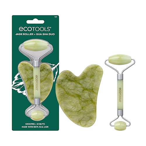 EcoTools Beauty Skin Care Tool Jade Facial Roller and Gua Sha Stone Duo, Face Roller and Massager, Skincare and Sculpting Tools, Green, Promotes Beauty & Personal Care EcoTools