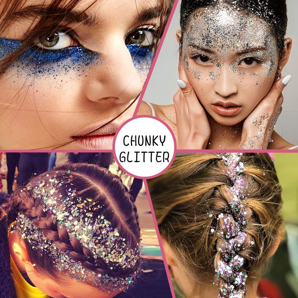 Holographic Chunky Sequins 12 Colors Mixed Laser Cosmetic Glitter for Face, Body, Eye, Hair, Nail Art, Lip Gloss - Festival Glitter Makeup Beauty & Personal Care Estanoite