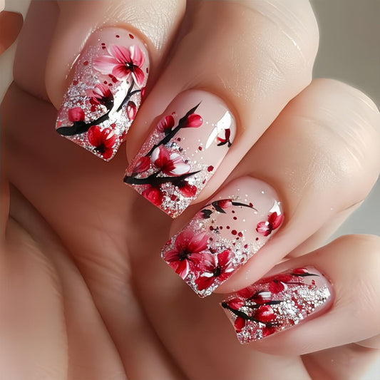 Medium Press on Nails Square Acrylic Nails Press ons Pink Full Cover Fake Nails with Plum Blossom Design Snow Glue on Nails Glossy False Nails Winter Beauty and Personal Care SRIMNUYY Default Title