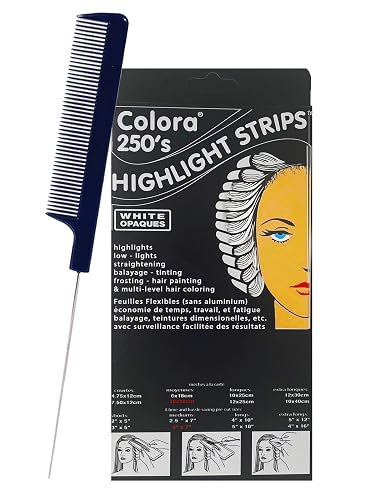Colora Highlight Strips 4x7 Inch Medium (250 Strips) + M Hair Designs Pin Tail Comb - Hair Foil Alternative for Professional Salon & DIY Hair Beauty & Personal Care M Hair Designs