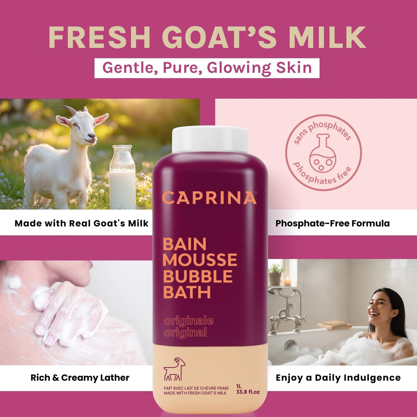 Caprina by Canus Goat Milk Bubble Bath, Original, 1 L (33.8 fl oz), Hydrating Relaxing Foam Bath, Moisturizing & Gentle on Skin, Made in Canada Beauty and Personal Care Caprina by Canus