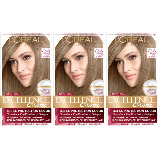 L'Oreal Paris Excellence Creme Permanent Hair Color, 7.5a Medium Ash Blonde (Pack of 3)