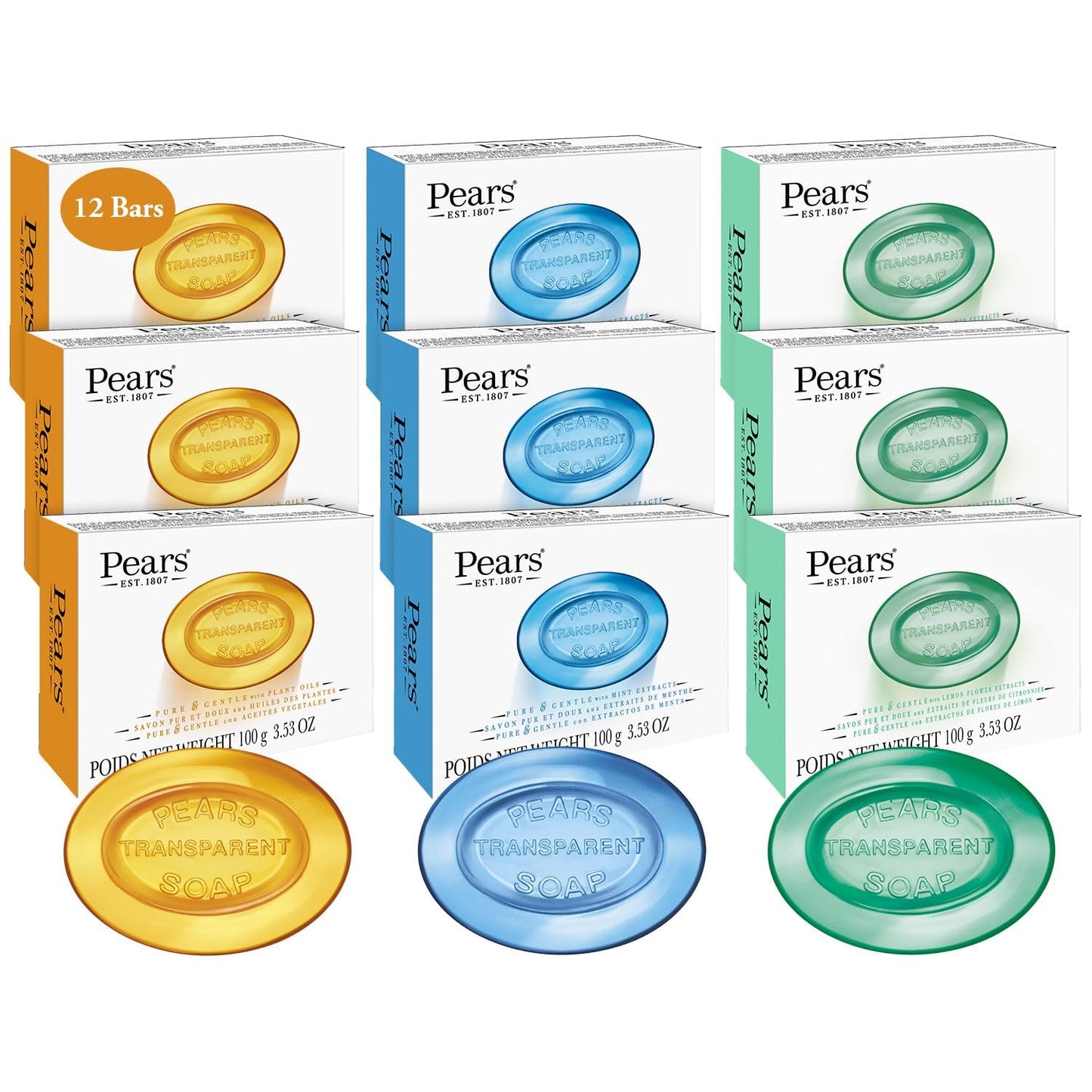 PEARS BAR SOAP VARIETY PACK 12 MINT EXTRACT LEMON & ORIGINAL - SET OF 4 Beauty & Personal Care Pear