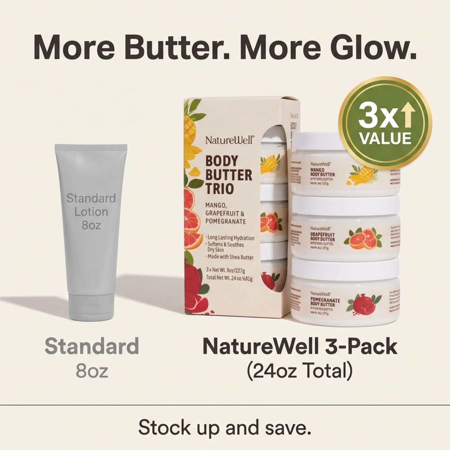 NATURE WELL Shea Body Butter Variety Pack, Includes Grapefruit, Mango, & Pomegranate, Provides Ultimate Nourishment & Hydration, 3 Pack (8 Oz Ea) Beauty & Personal Care NATURE WELL