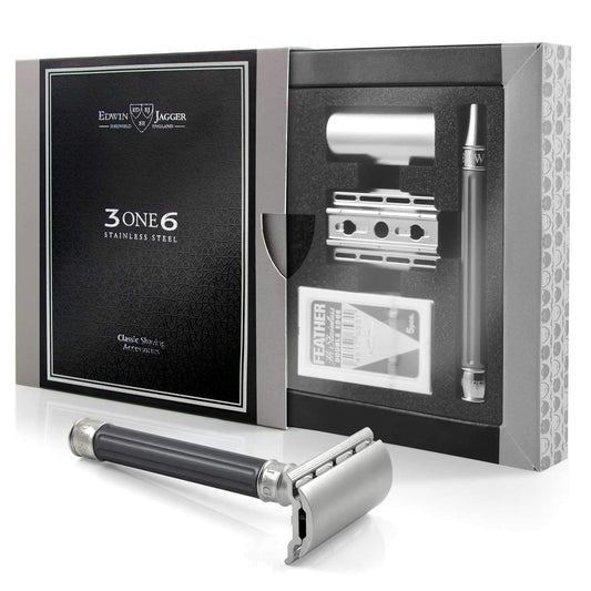 Edwin Jagger 3ONE6 DE Stainless Steel Safety Razor, Grooved, 1x Pack of Feather Razor Blades (Anodized Gun Metal) Beauty and Personal Care Edwin Jagger