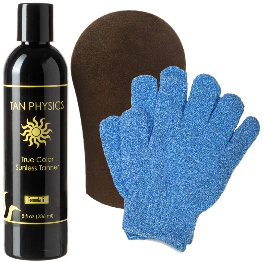 Tan Physics Sunless Tanner 8oz with Tanning Mitt & Exfoliation Gloves - Self Tanning Lotion for Face & Body - Instant, Streak-Free Application for a Beauty & Personal Care Tan Physics