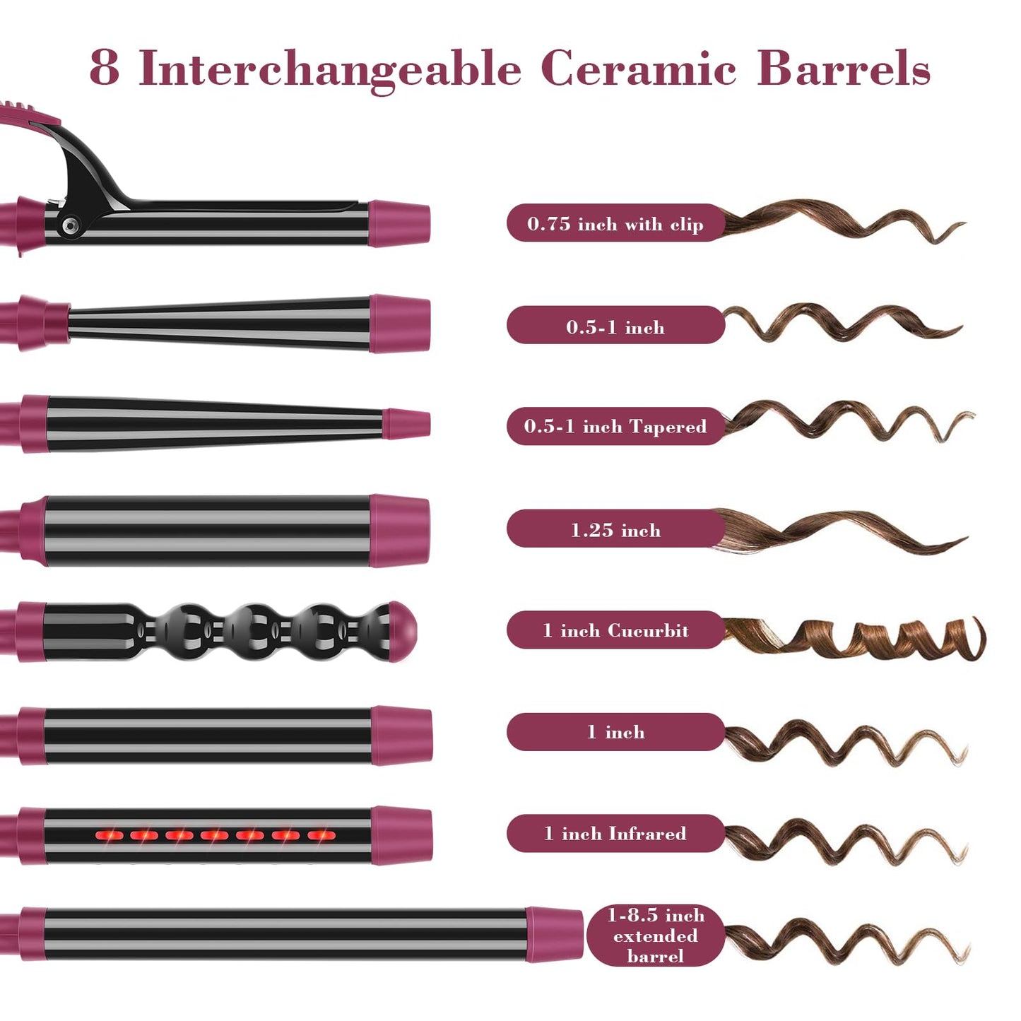 IG INGLAM Curling Iron Wand Set, 8 in-1 Interchangeable Ceramic Barrels with Infrared, Cucurbit, Tapered, Extended, 1in, 1 1/4 in, 3/4in Barrels Beauty & Personal Care IG INGLAM