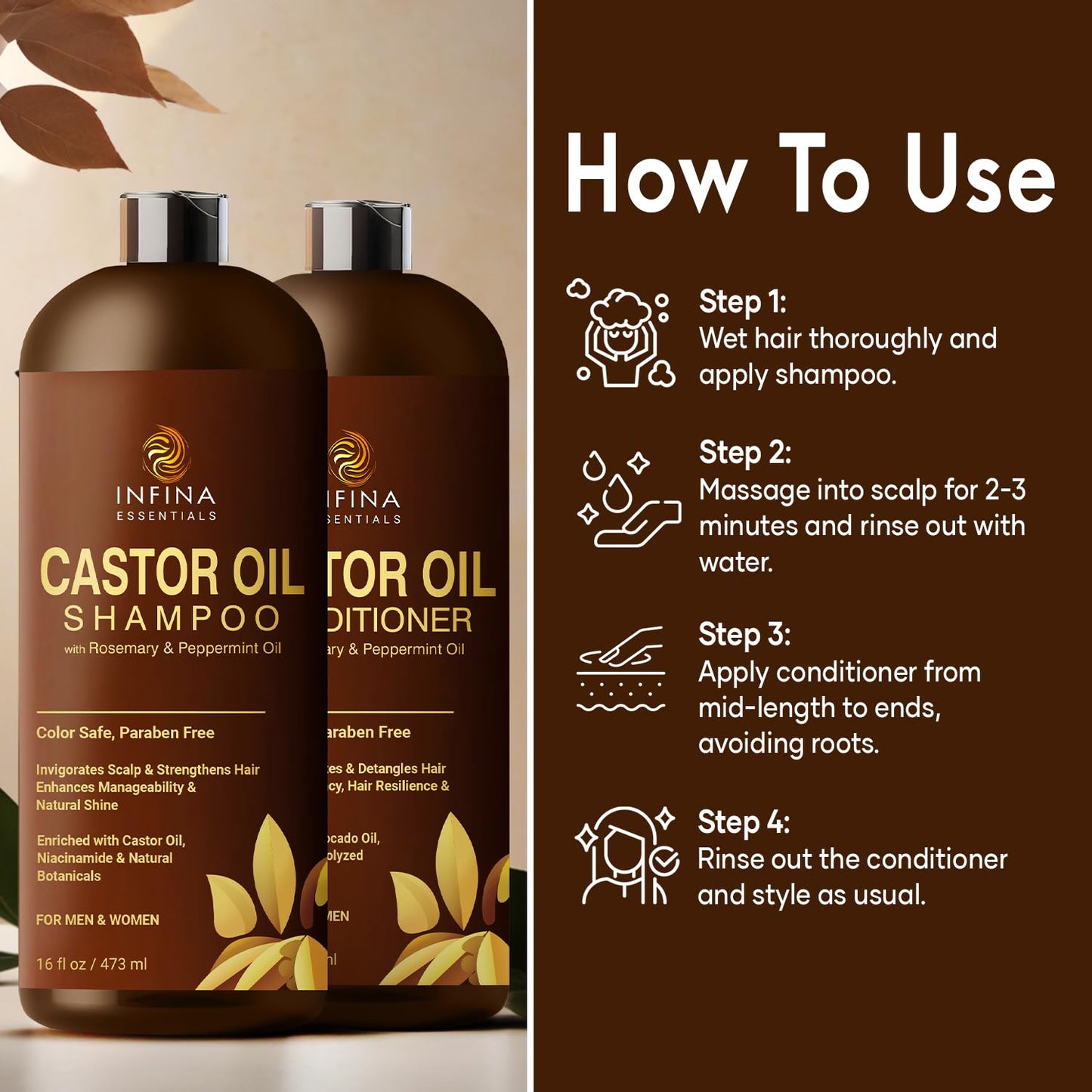 Castor Oil Shampoo and Conditioner Set for Hair Growth with Rosemary & Peppermint Oil - Cleanse Hair, Strengthen & Shine with Castor Shampoo Beauty & Personal Care INFINA ESSENTIALS