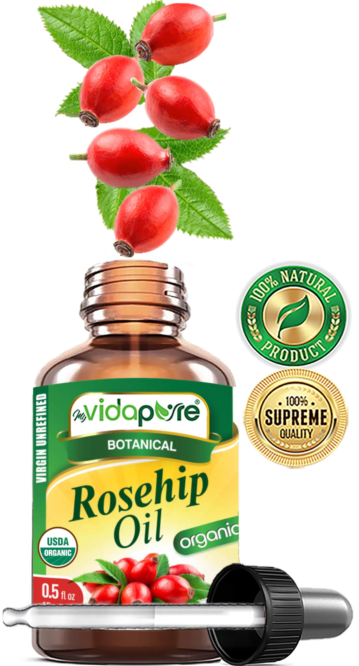 MYVIDAPURE Organic Rosehip Oil Certified Organic Wild Growth RAW Pure Virgin UNREFINED for Face, Body, Hair and Lip Care (0.5 Fl Oz) Beauty & Personal Care MYVIDAPURE