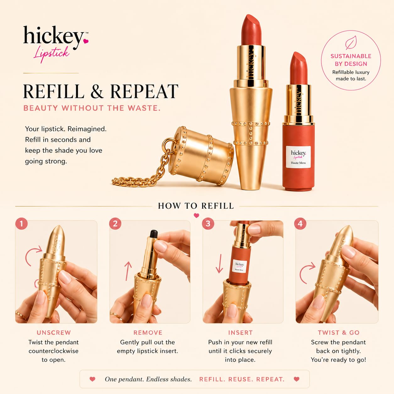 Hickey Refillable Pendant Lipstick, Haute Mess[Terracotta] - Wearable Satin Lip Color on a Chain, Refillable Clean Beauty, Full Lipstick Included Beauty & Personal Care Hickey