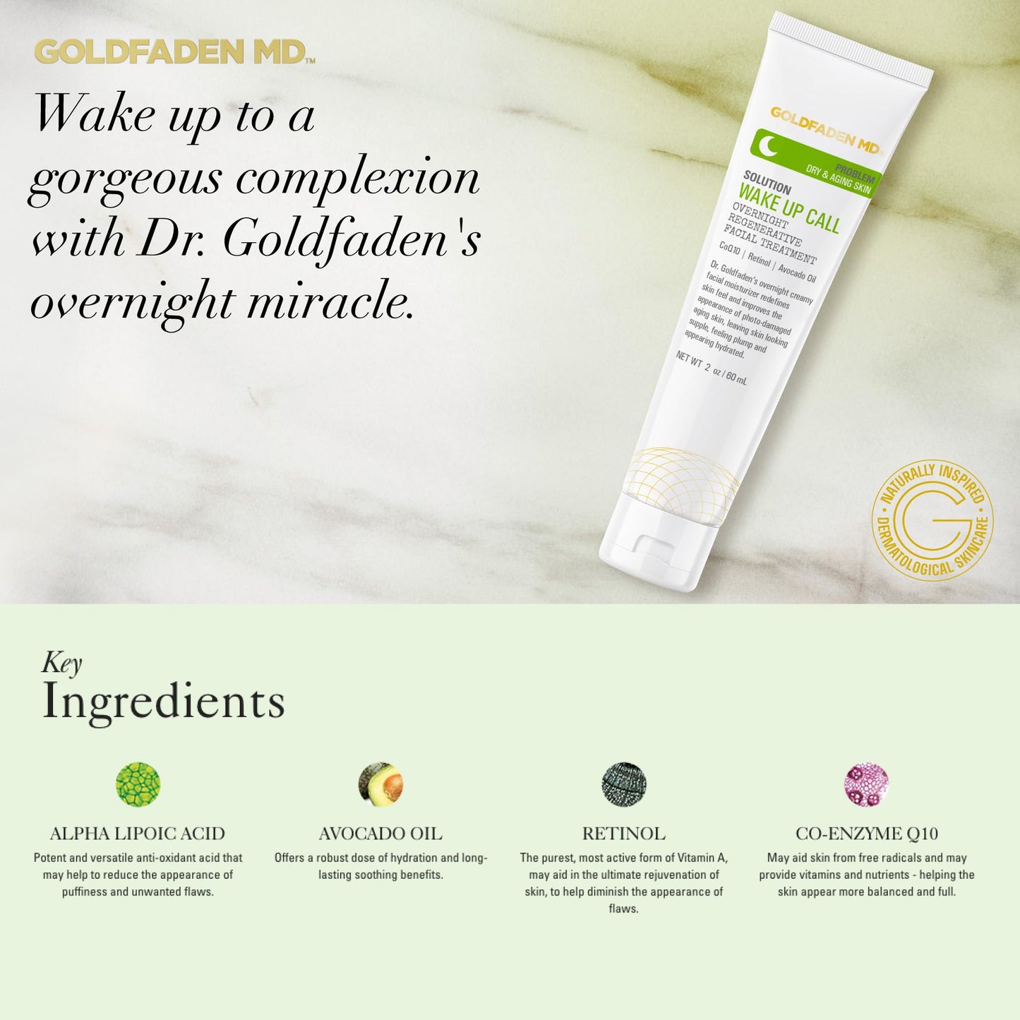 Dr. Goldfadens Wake Up Call Night Facial Moisturizer Night Cream for Dry & Aging Skin | w/Alpha Lipoic Acid, Avocado Oil Retinol, Co-enzyme Q10 2.0 Fl Beauty & Personal Care GOLDFADEN MD