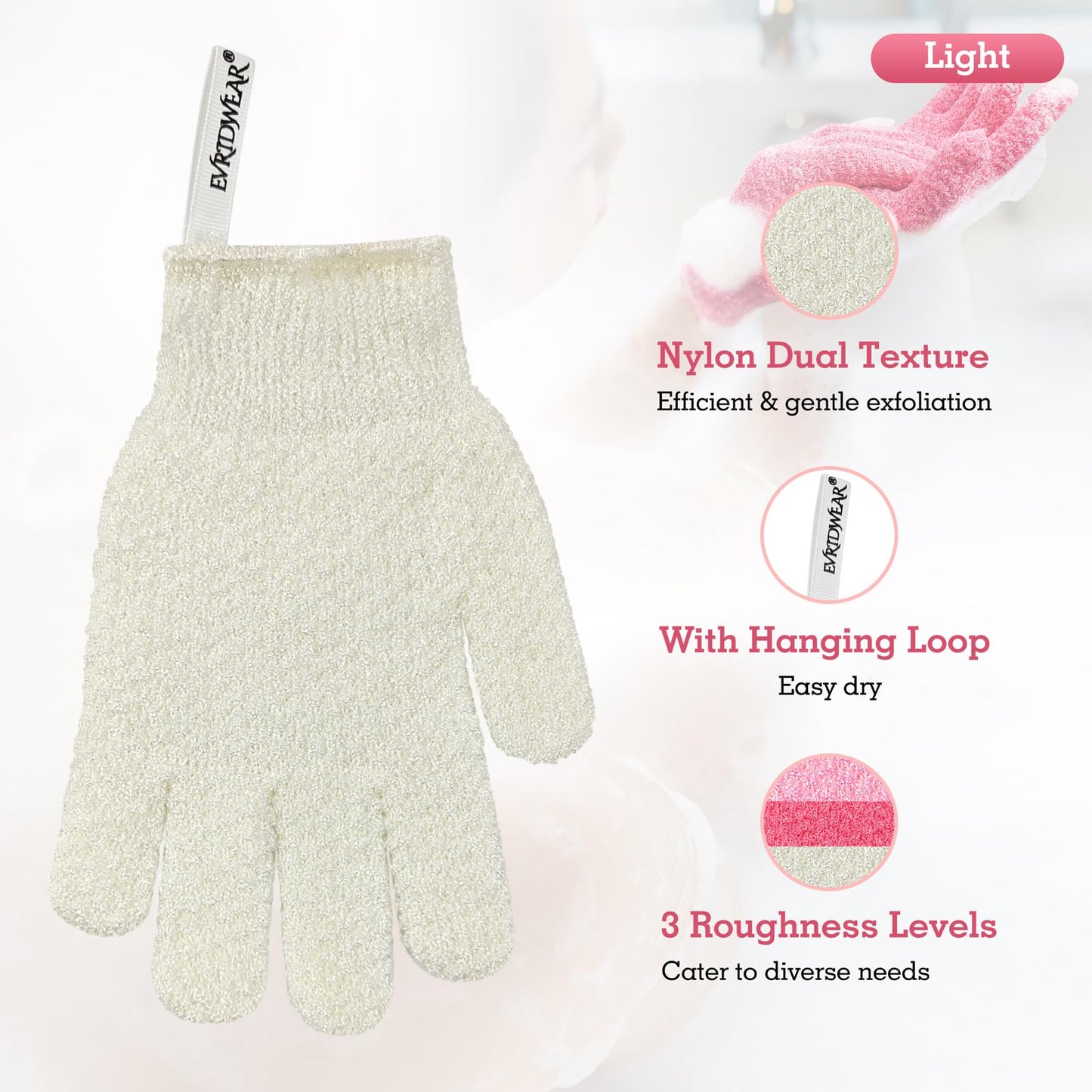 Evridwear Exfoliating Gloves for Shower, 100% Nylon Thick Soft Medium Heavy Bathing Gloves Dead Skin Remover Body Scrubber Smooth Skin with Hang Loop Beauty & Personal Care Evridwear
