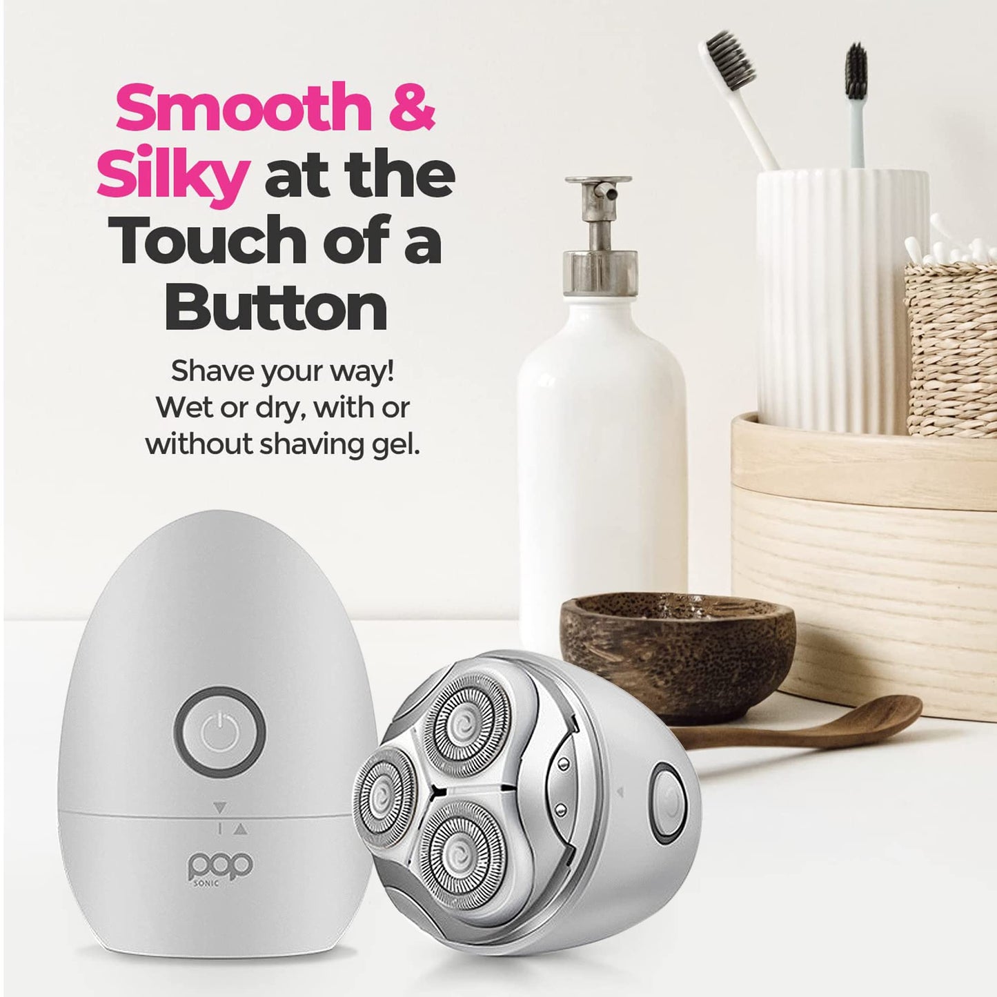 Pop Sonic Moon Shaver (Silver) - Face & Body Shavers for Men & Women - 3 Floating Rotary Heads Face Shaver w/Removable Cap - Long Lasting Lithium-ion Beauty and Personal Care Pop Sonic