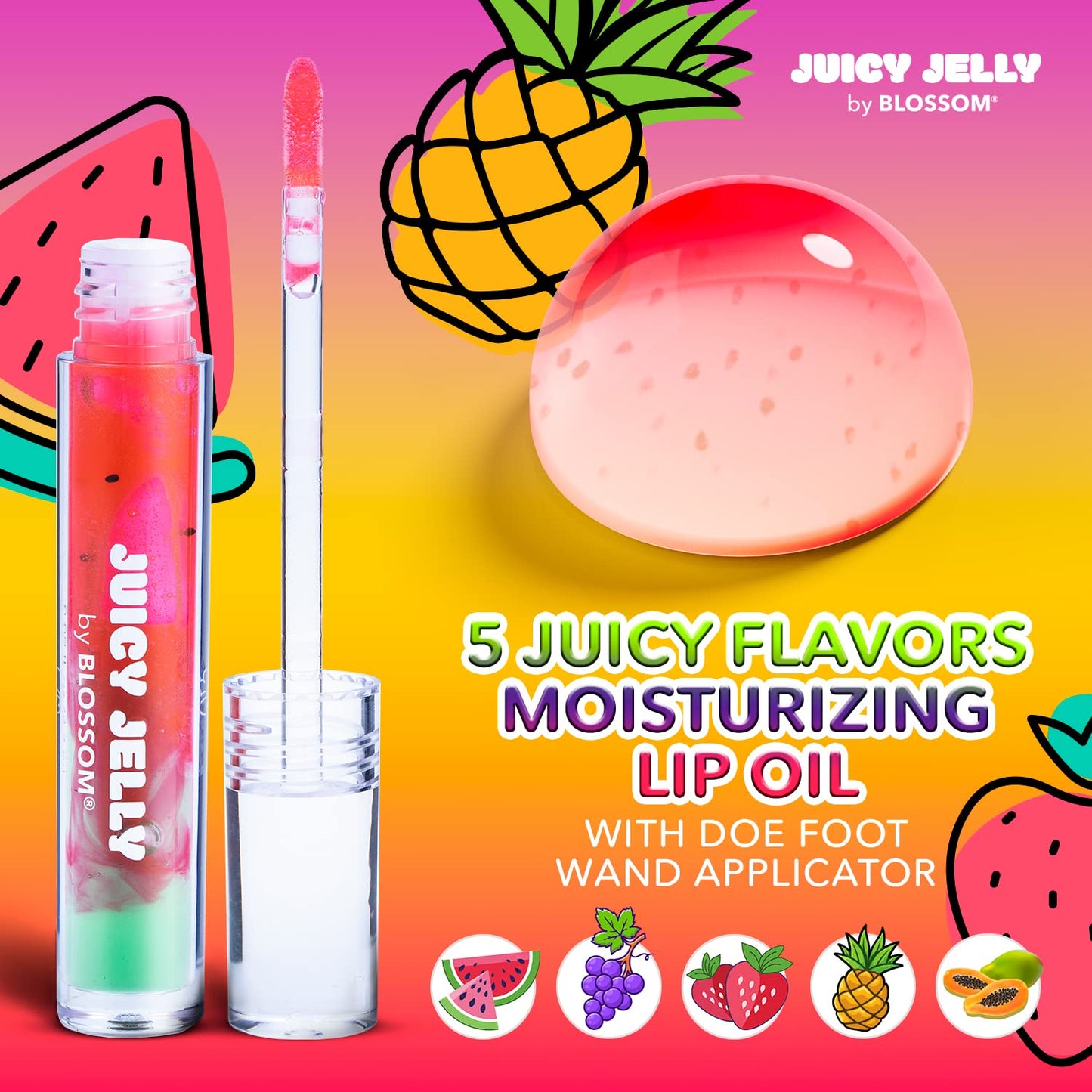 Blossom Lip Gloss Juicy Jelly Moisturizing Fruit Flavored Nourishing High Shine Lip Oil with Doe Foot Wand Applicator, 0.09oz, Watermelon Beauty & Personal Care Blossom