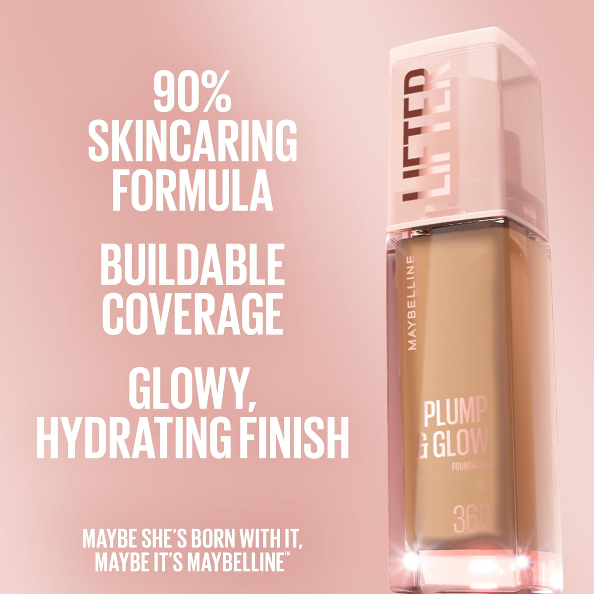 Maybelline Lifter Plump & Glow Foundation, Liquid Foundation with 2% Niacinamide + Hyaluronic Acid, Plumping and Brightening Face Makeup, 385, 1 Count