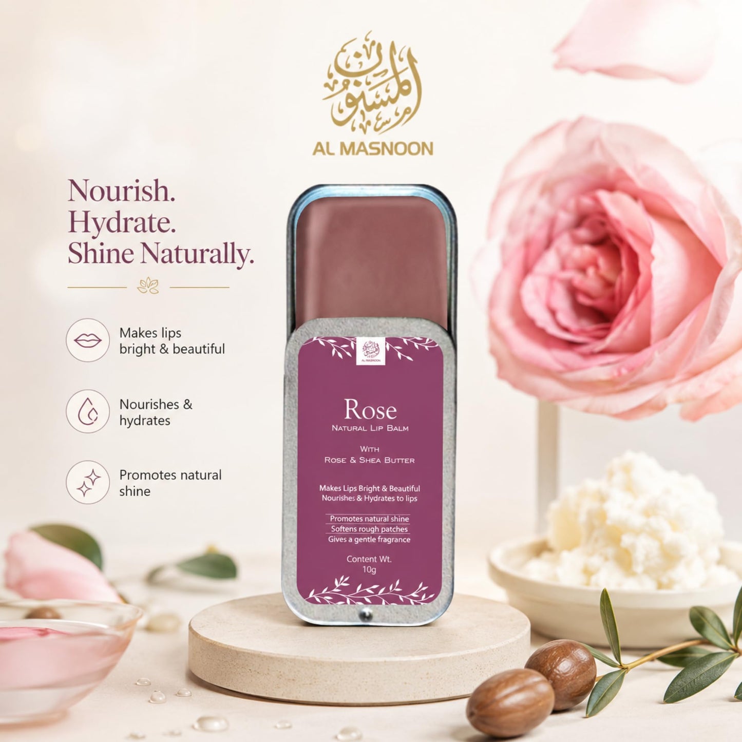 AL MASNOON 100% Natural Rose Lip Balm with Shea Butter & Rose Extract - Nourishing & Moisturizing 10g Pack, No Color Added for Soft, Smooth Lips Beauty and Personal Care al masnoon
