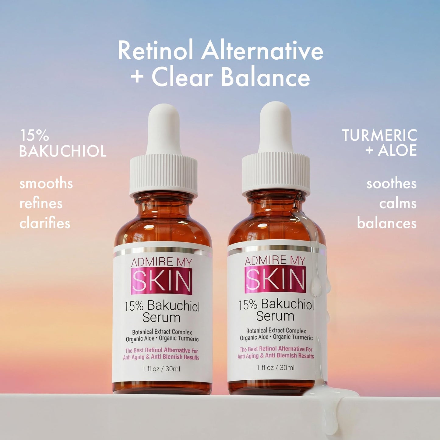Admire My Skin 15% Bakuchiol Serum Natural Retinol Serum Alternative for Face - Anti Blemish Anti Aging Facial Serum With Organic Aloe + Turmeric 1oz Beauty & Personal Care Admire My Skin