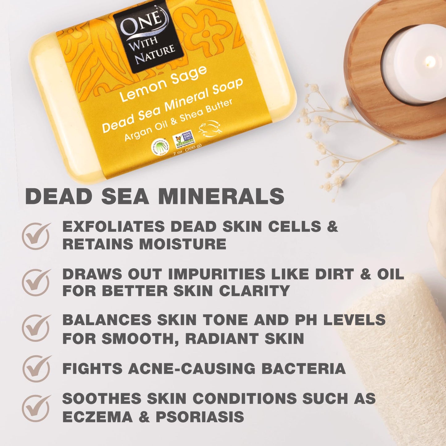 One With Nature Dead Sea Salt Lemon Sage Soap 7oz 3-Pack - Purifying and Exfoliating Soap Bar with Dead Sea Minerals for Face & Body, for Men & Women Beauty & Personal Care One With Nature
