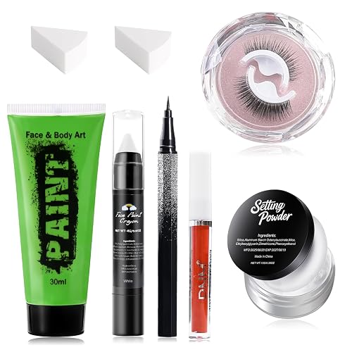 Halloween Witch Makeup Set, Includes Green Face Body Paint, Black Eyeliner, False Eyelashes, Red Lipstick, Setting Powder, Sponge - SFX Face Painting Beauty & Personal Care obullights