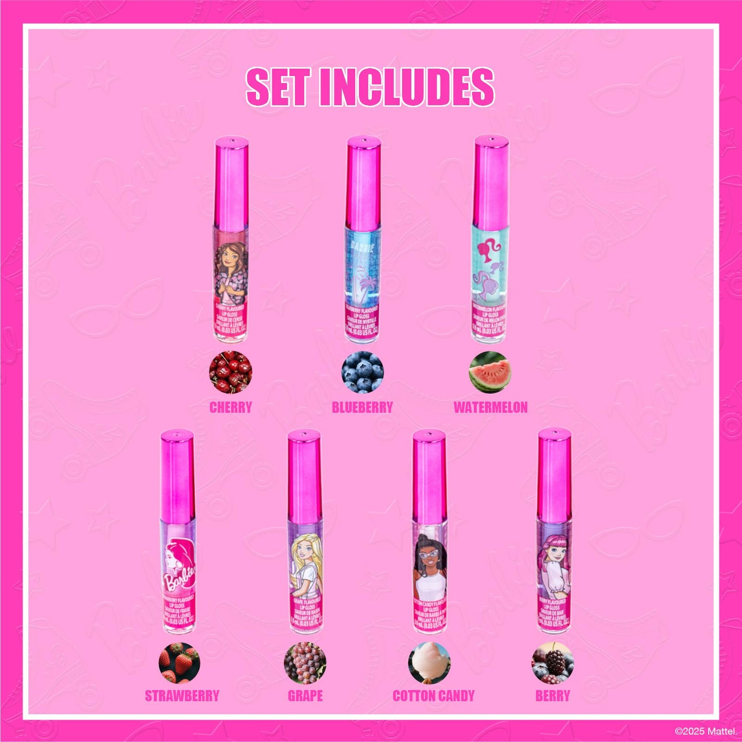 Barbie 7 Piece Plant Based Lip Gloss, Girls Party Favors, First Makeup Set for Girl, Perfect for Parties, Sleepovers, and Birthday Gifts, Ages 3+, by Beauty & Personal Care Townley Girl