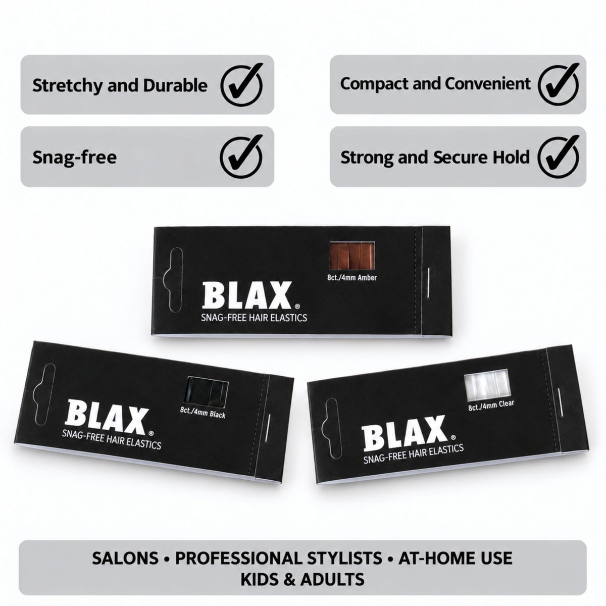 Blax Clear Hair Elastics Transparent Snag-Free Hair Ties 4mm 8 Count 2PK