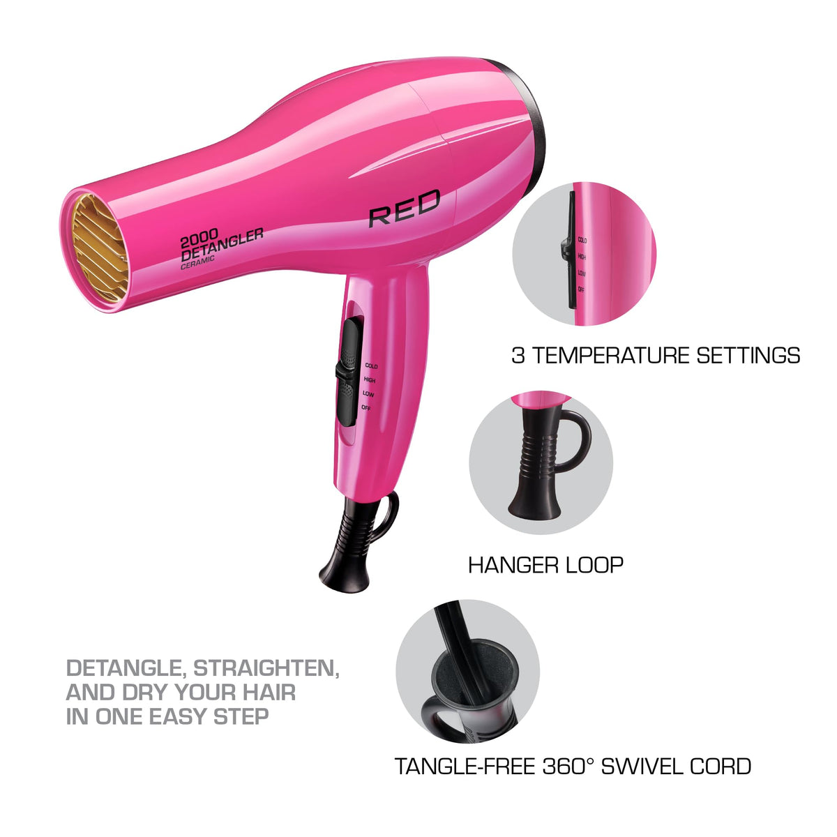 RED by KISS 2000 Ceramic Hair Dryer, Professional Salon Blow Dryer, 2 Detangler Pik Attachments, Tourmaline Technology, 3 Heat Settings, Easy Storage