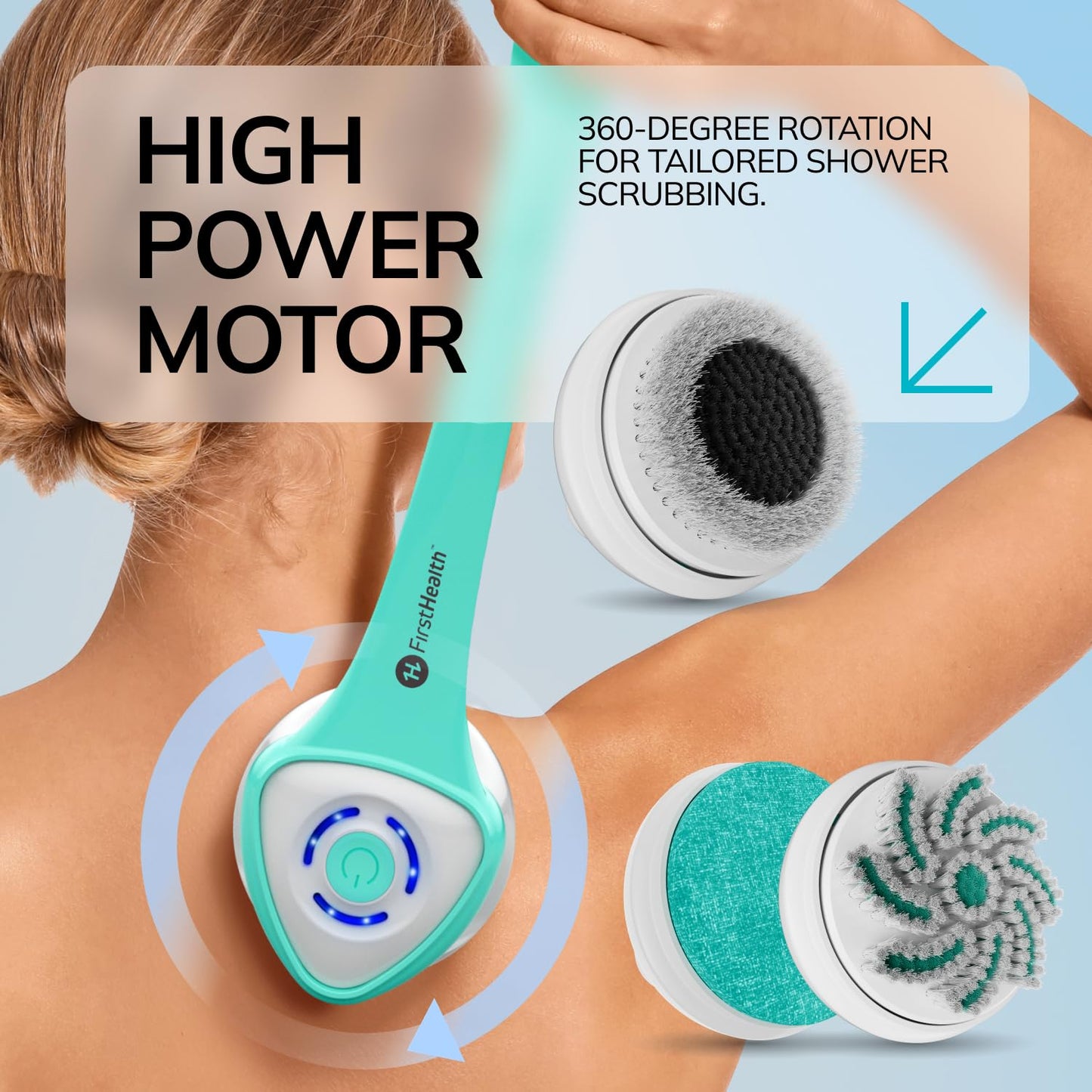 FIRSTHEALTH 6-in-1 Electric Exfoliating Body Scrubber for Women & Men, USB-C Rechargeable IPX7 Waterproof Shower Brush, Detachable Long Handle Back Beauty and Personal Care FIRSTHEALTH