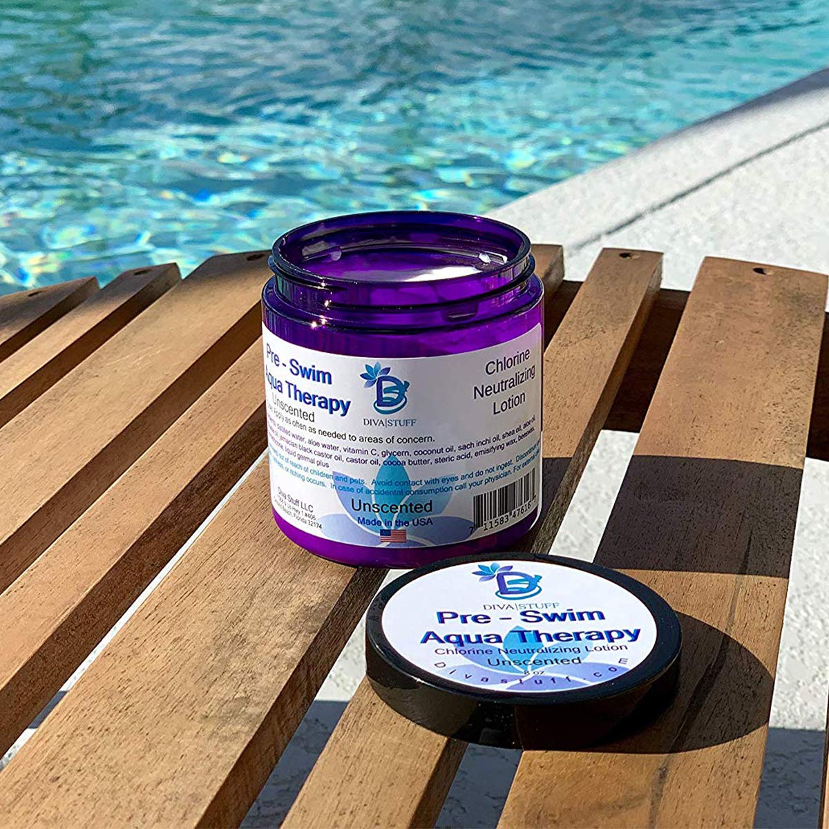 Diva Stuff Pre-Swim Aqua Therapy Chlorine Neutralizing Body Moisturizing Lotion for Swimmers, Protects Skin from Chlorine & Salt Water, 8 oz - Made Beauty & Personal Care Diva Stuff