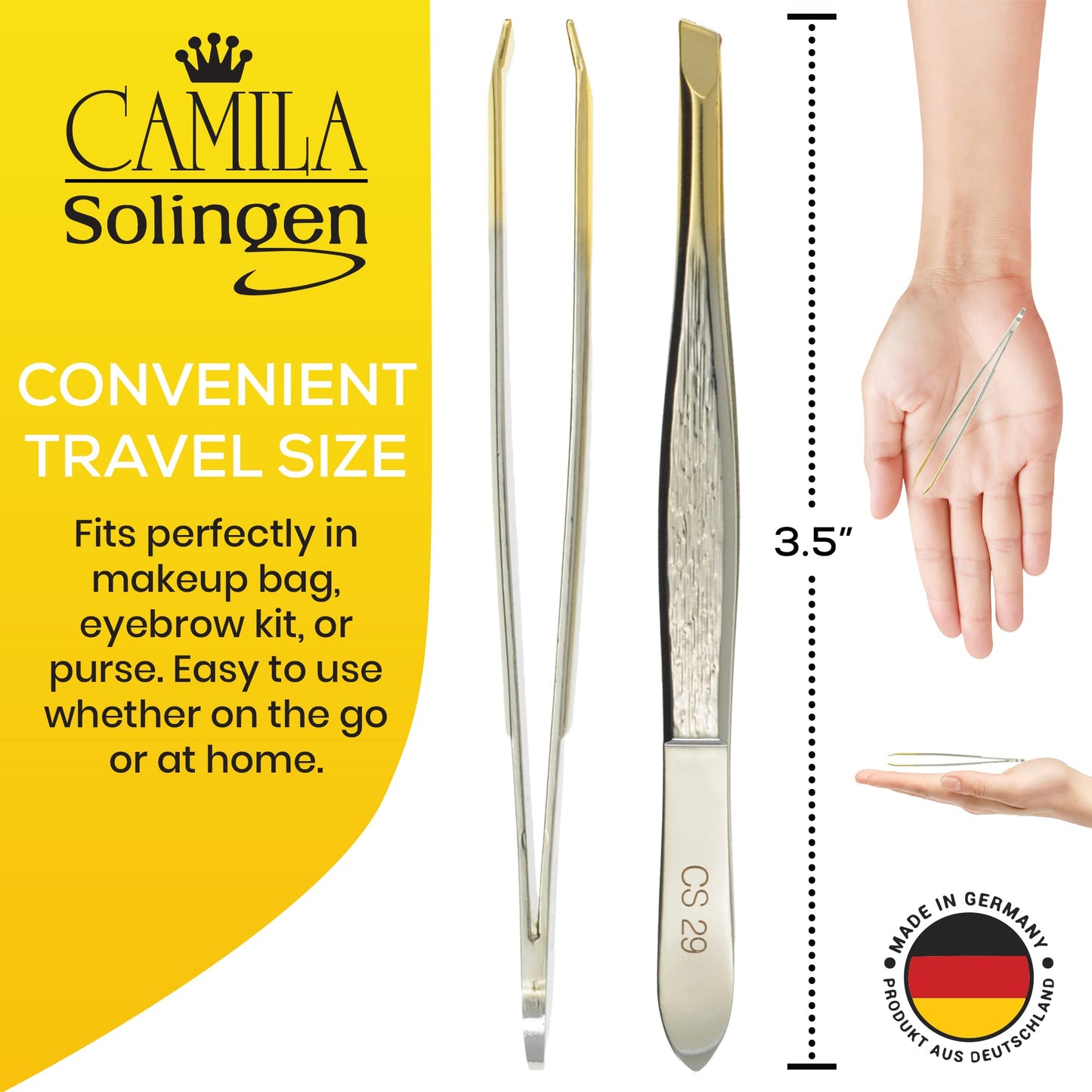 Camila Solingen CS29 3 1/2" Gold Tipped, Surgical Grade, German Stainless Steel Tweezers (Slanted) - Flawless Eyebrow and Facial Hair Shaping Beauty & Personal Care Camila Solingen