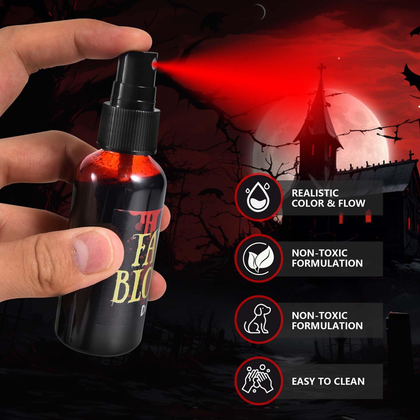 JAYUWE 7 PCS Halloween Fake Blood Spray Makeup Kit - Fake Blood 2.1oz X4 + Coagulated Blood Gel 1.41oz + Soap + Sponge, Washable Blood Paint Beauty & Personal Care jayuwe