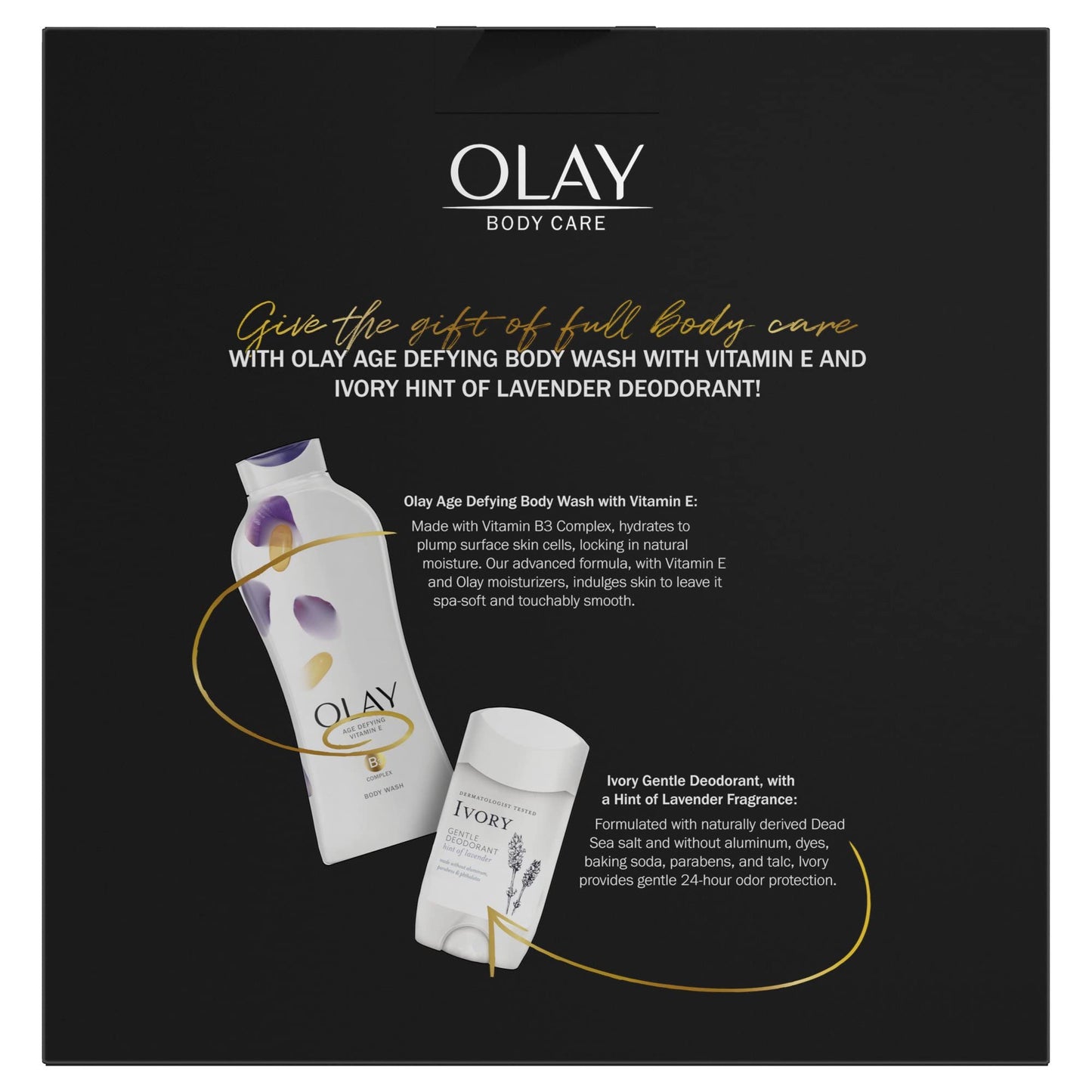 Holiday Gift Pack: Olay Age Defying Body Wash with Vitamin E, 22 fl oz, Olay Cleansing & Renewing Nighttime Body Wash, 3 oz & Ivory Gentle Aluminum Beauty & Personal Care Olay