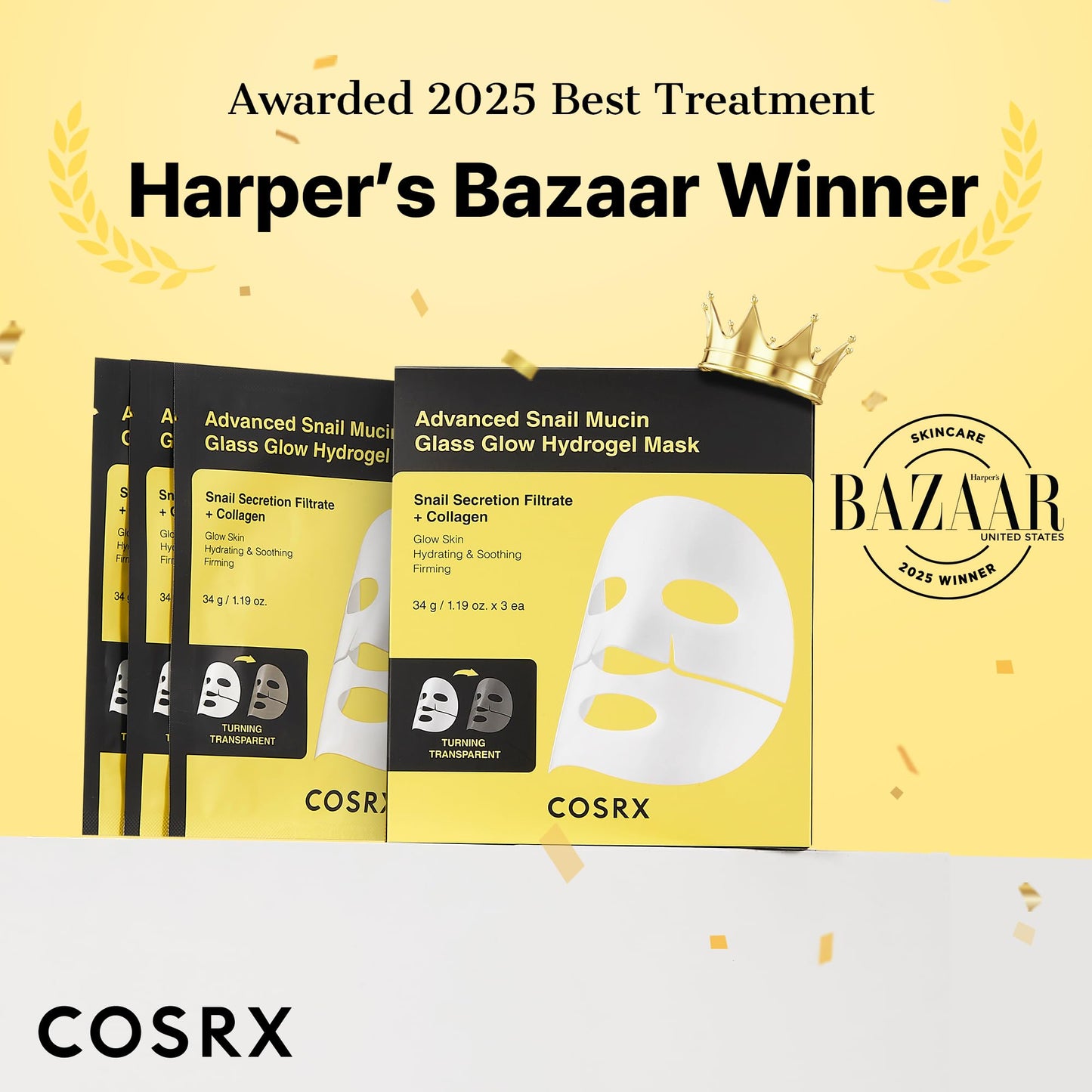 COSRX Advanced Snail Mucin Glass Glow Hydrogel Face Masks Skincare 3 EA, Collagen Face Mask, Travel Essentials, Overnight Face Mask, Korean Skin Care Beauty and Personal Care COSRX