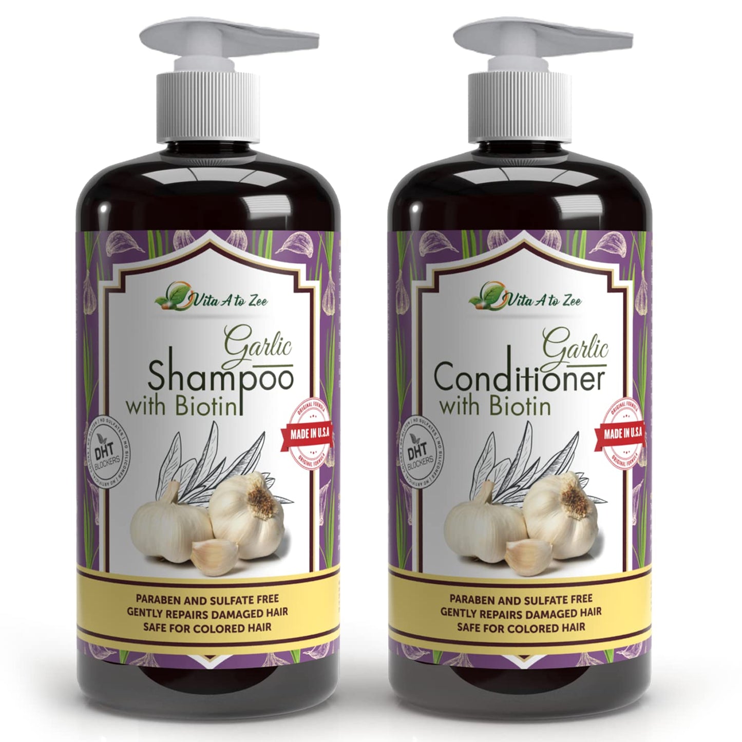 Vita A to Zee Garlic Hair Shampoo & Conditioner with Anti DHT Blocker - Garlic Natural Hair Treatment for Hair Growth, Loss, Thinning & Itchy Scalp Beauty & Personal Care Vita A to Zee