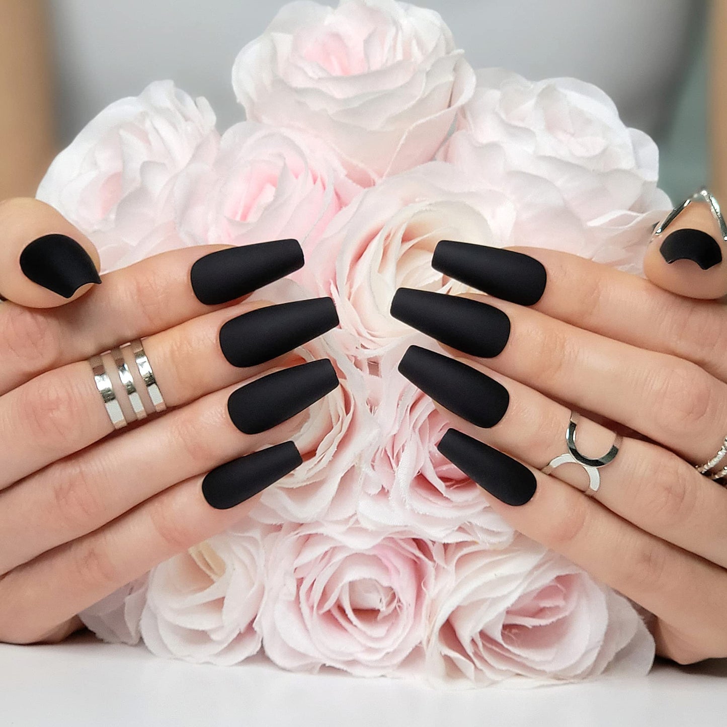 Hypnaughty 24 Pcs Noir Black Matte Luxury Coffin Press on Nails with Glue Medium Long Solid Black Color False Nails (Noir) Beauty & Personal Care Hypnaughty