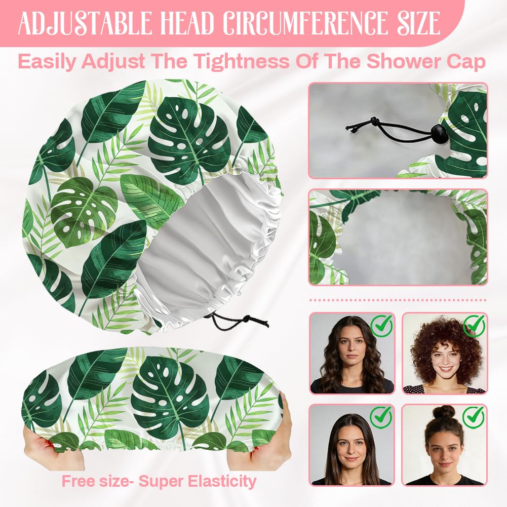DELORIGIN Tropical Leaves Reusable Shower Cap Green Monstera Double Layer Waterproof Shower Caps Large Elastic Hair Cover Adjustable Hair - Drying Beauty and Personal Care DELORIGIN