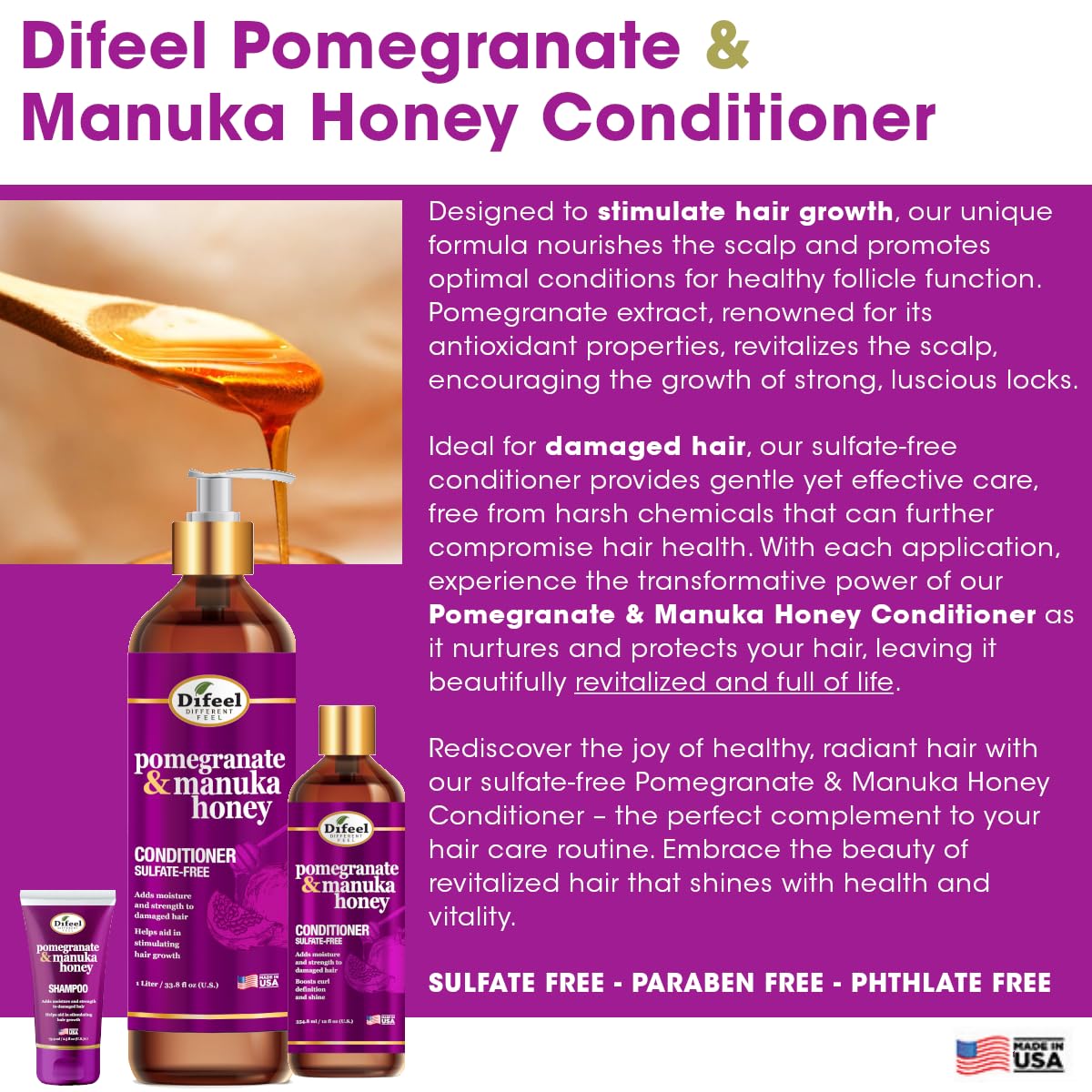 Difeel Pomegranate & Manuka Honey Hair Care Set - 12oz Shampoo, 12oz Conditioner, 8oz Leave-in Spray, 2.5oz Hair Oil Beauty & Personal Care Difeel