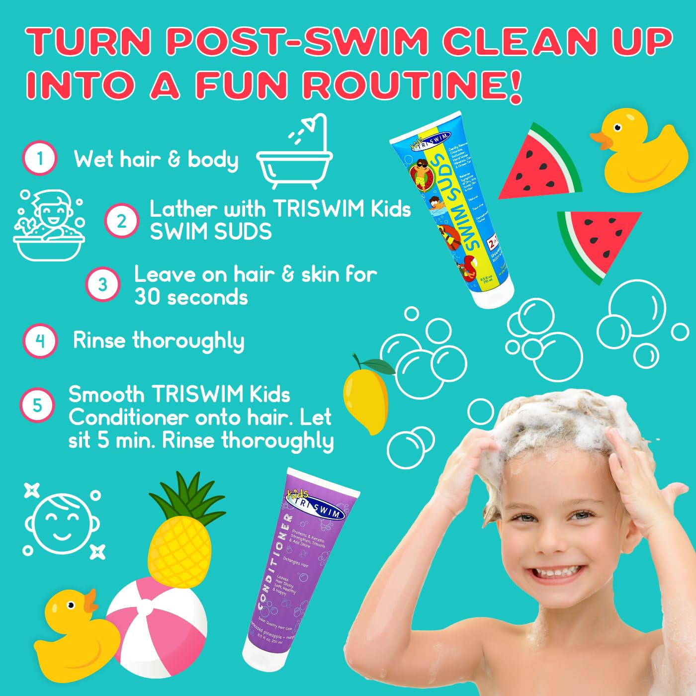 TRISWIM Kids Swim Suds & Conditioner Set 8.5 fl oz each | Natural Tear-Free 2-in-1 Shampoo Chlorine Removal & Body Wash with Detangler - Gentle Hair Beauty & Personal Care TRISWIM