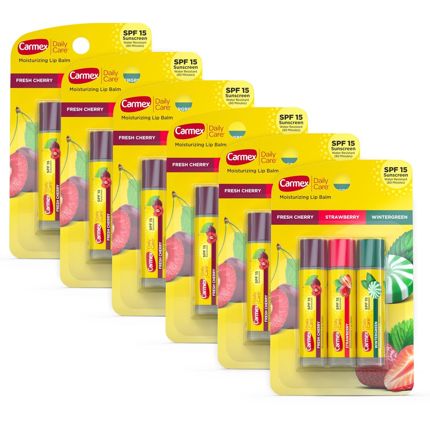 Carmex Daily Care Moisturizing Lip Balm Sticks with SPF, Fresh Cherry, Strawberry and Wintergreen Lip Balm Pack, 0.15 OZ - (6 packs of 3) Beauty and Personal Care Carmex