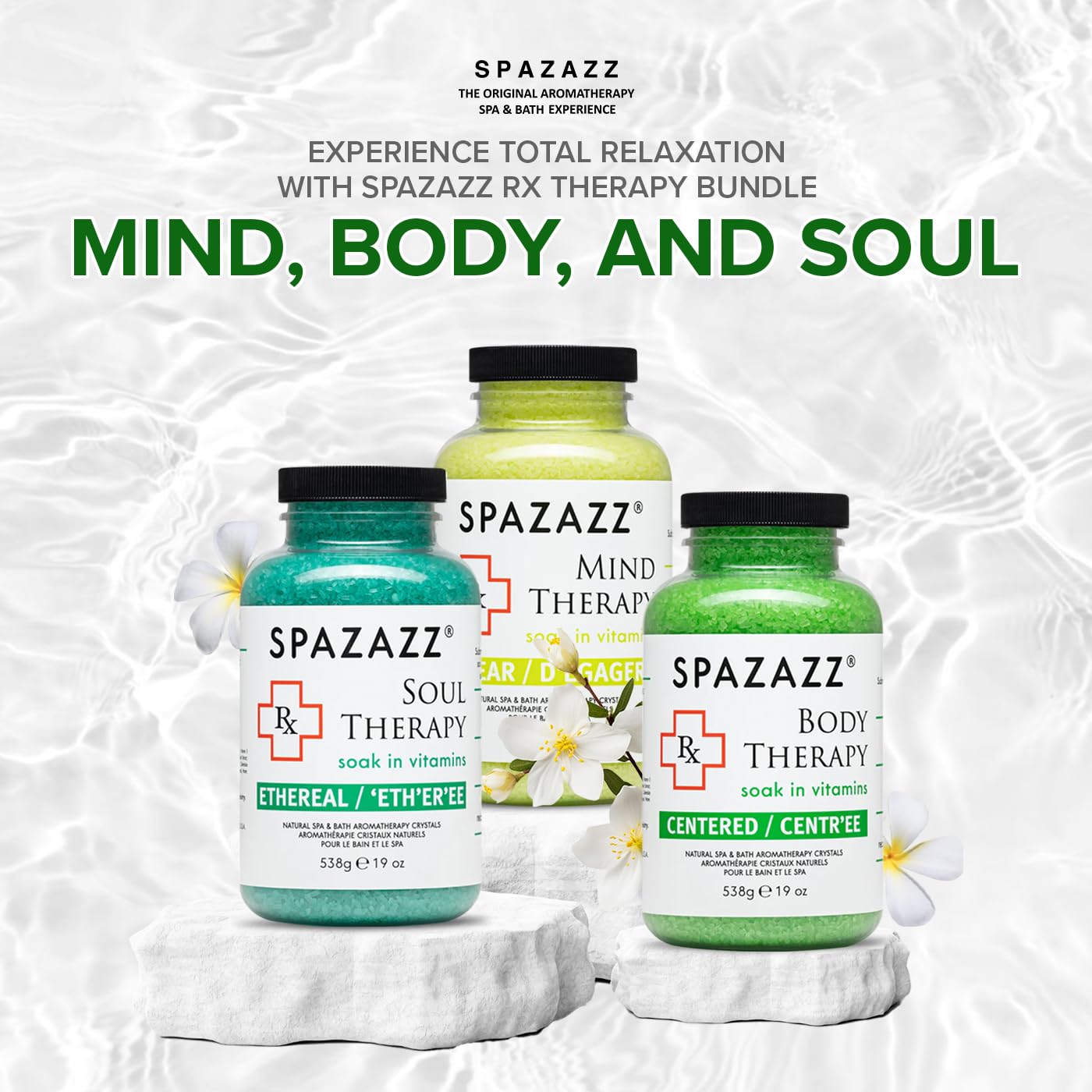 RX Therapy Spa and Hot Tub Aromatherapy Scented Relaxation Bath Salt Crystals - Mind Body and Soul Bundle Gift Set (19 Oz) Includes 5 Point Full Body Beauty and Personal Care Spazazz