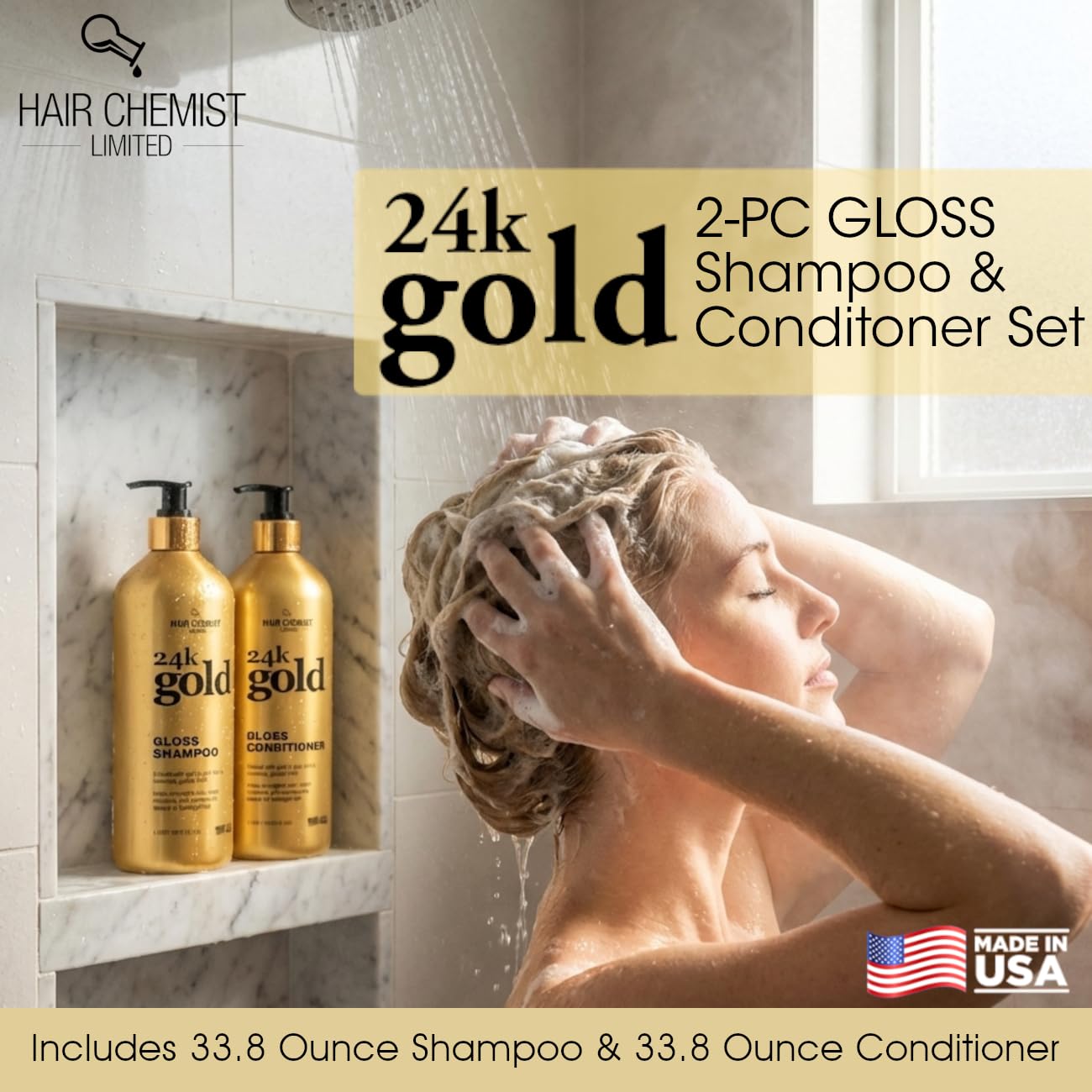 Hair Chemist 24K Gold Gloss Shampoo & Conditioner 33.8 oz. 2-PC Set - Strengthening & Shine Enhancing Hair Care System - Hydrating, Smoothing Beauty & Personal Care Hair Chemist