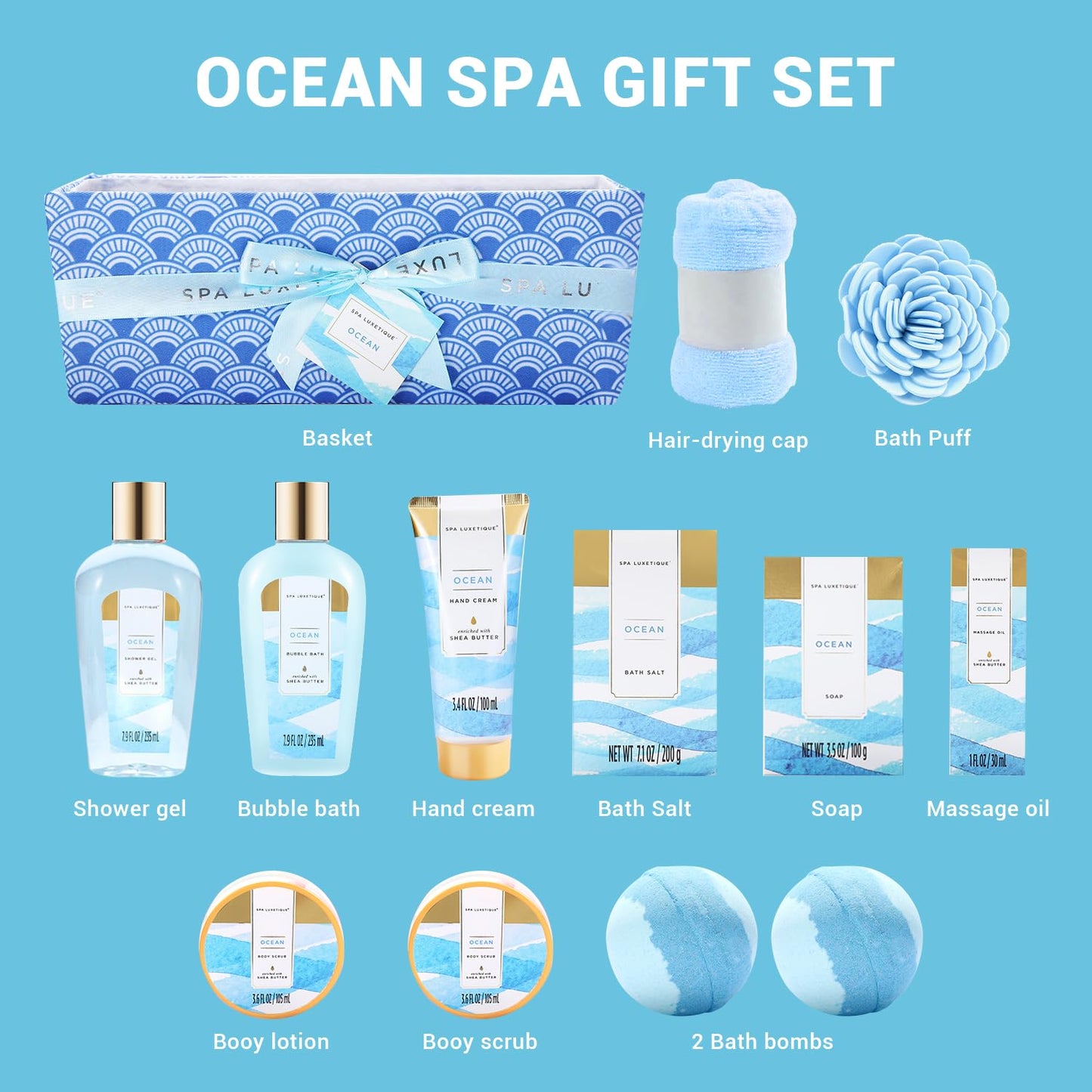 Spa Gift Basket for Women, Spa Luxetique Bath Gift Set - 12 Pcs Ocean Scented Home Bath Kit, Includes Bath Bombs, Body Scrub, Bubble Bath, Body Lotion Beauty and Personal Care spa luxetique