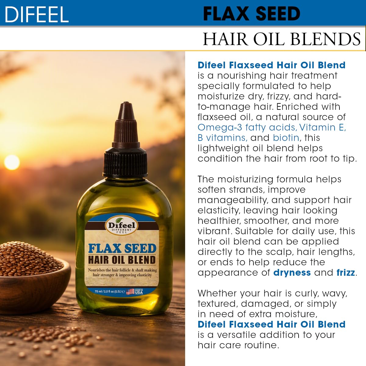 Difeel Flax Seed Hair Oil Blend - Travel Size 2.5 oz. - Strengthening & Moisturizing Hair Oil Treatment