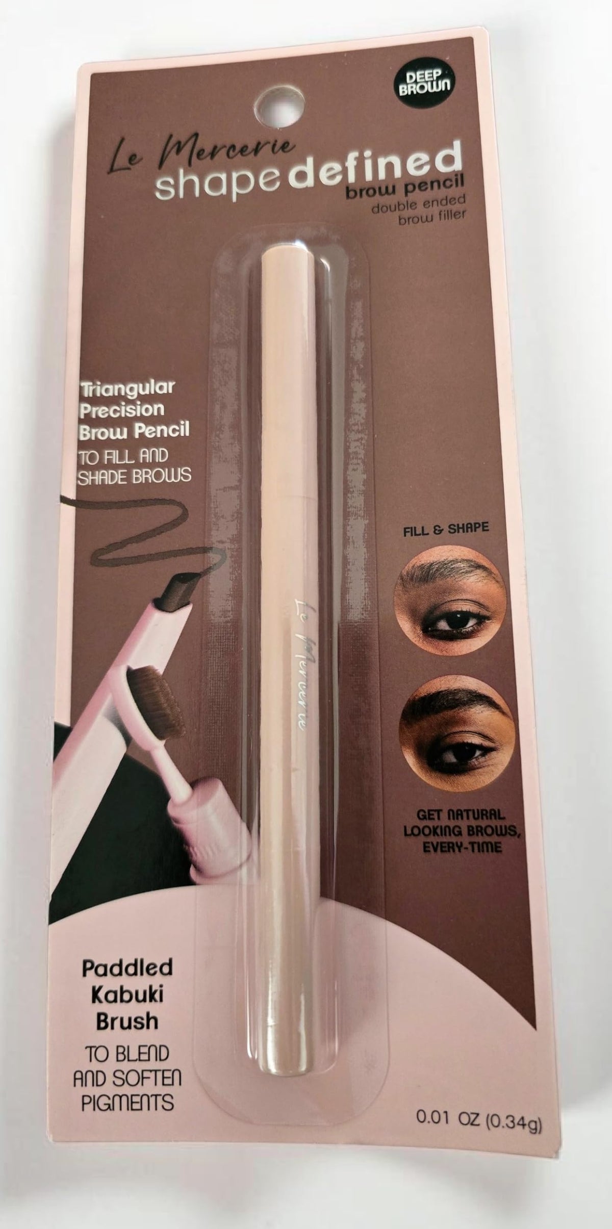 Le Mercerie shapedefined Brow Pencil, Deep Brown, Double Ended with Paddled Kabuki Brush, Triangular Precision Tip, 0.01 oz