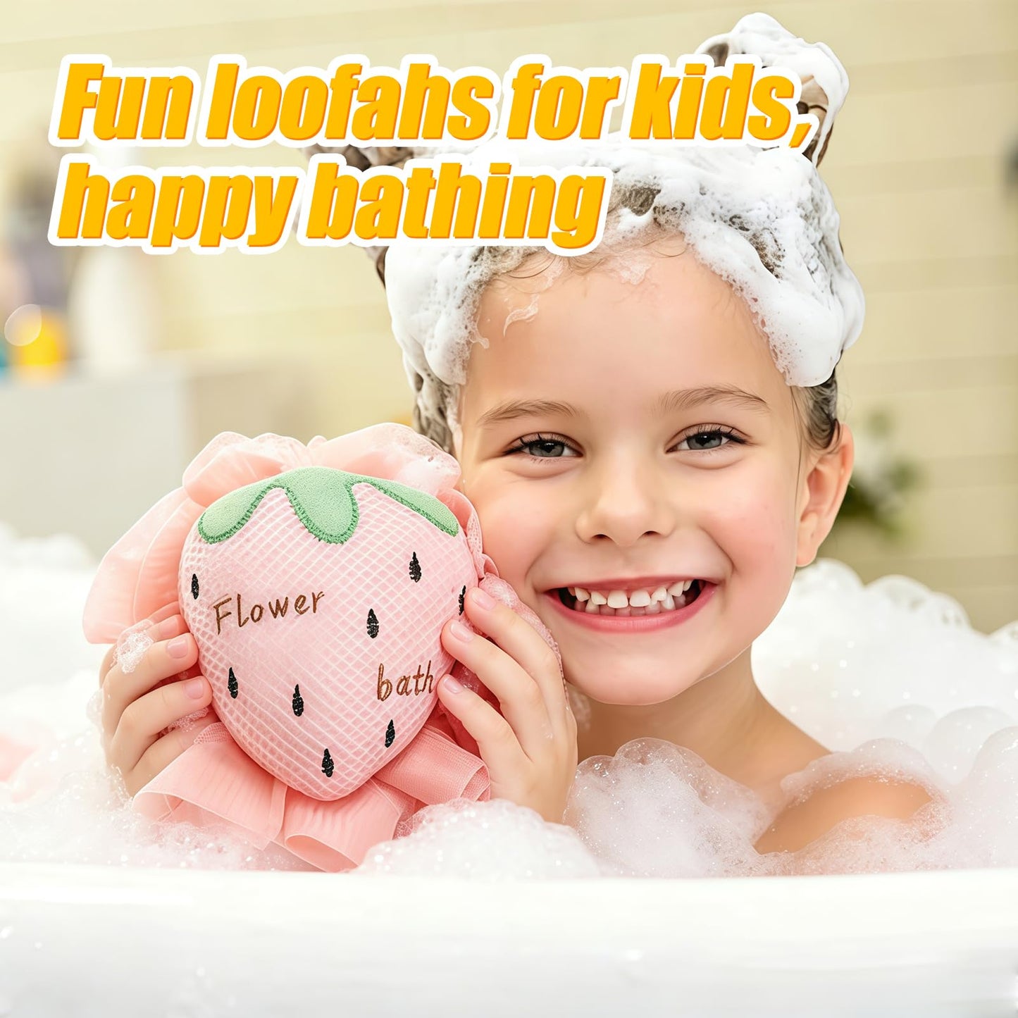 Kids Loofah, Cute Cartoon Animal Kids Bath Sponge with Hanging Rope, Soft Double Mesh for Rich Lather (Pink Strawberry) Beauty and Personal Care Taolivingmart