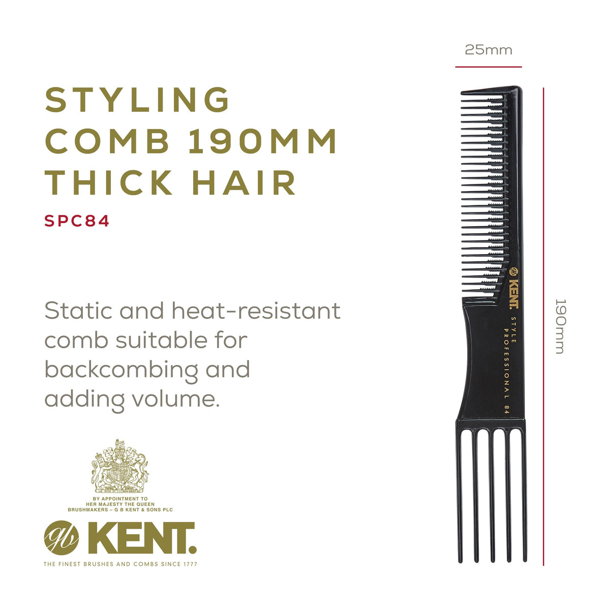Kent SPC84 Hair Pick Comb for Curly, and Thick Hair - Professional Antistatic Heat-Resistant Prong Fork for Volume and Lift - Barber Teasing Comb for