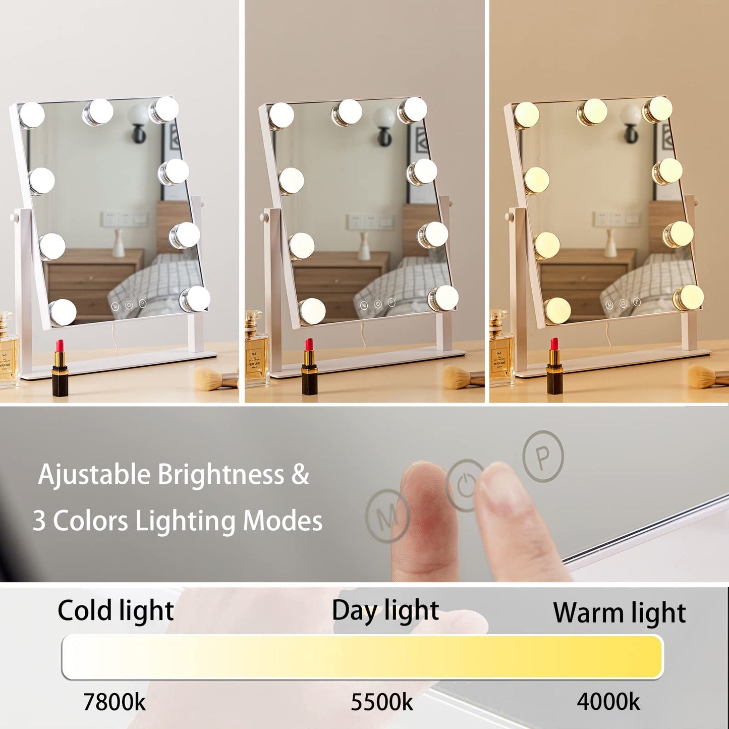 HIEEY Hollywood Vanity Mirror with Lights, Makeup 9 Dimmable Bulbs Three Color Lighting Modes, and 5X Magnification Mirror, Smart Touch Control Beauty & Personal Care HIEEY