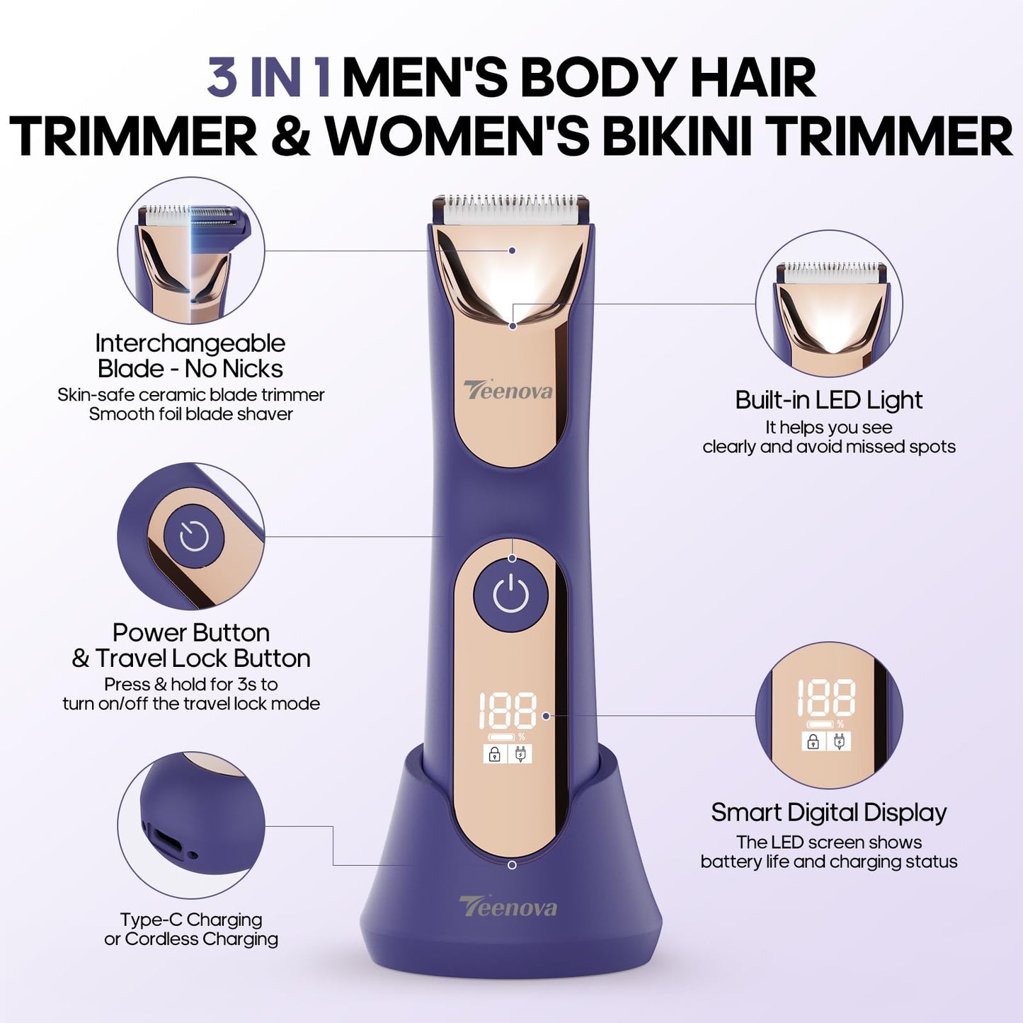 TEENOVA Manscape Body Hair Trimmer for Men, No Nick Pubic Bikini Trimmer for Women, 3 in 1 Versatile Groin Shaver with Nose Hair Trimmer, Cordless Beauty and Personal Care TEENOVA